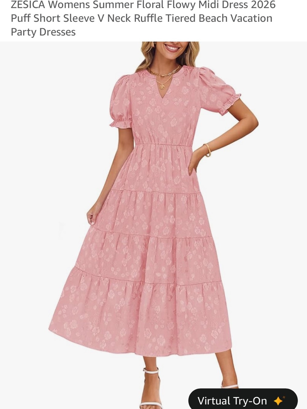 Pink Floral Tiered Midi Dress - Puff Sleeve V-Neck